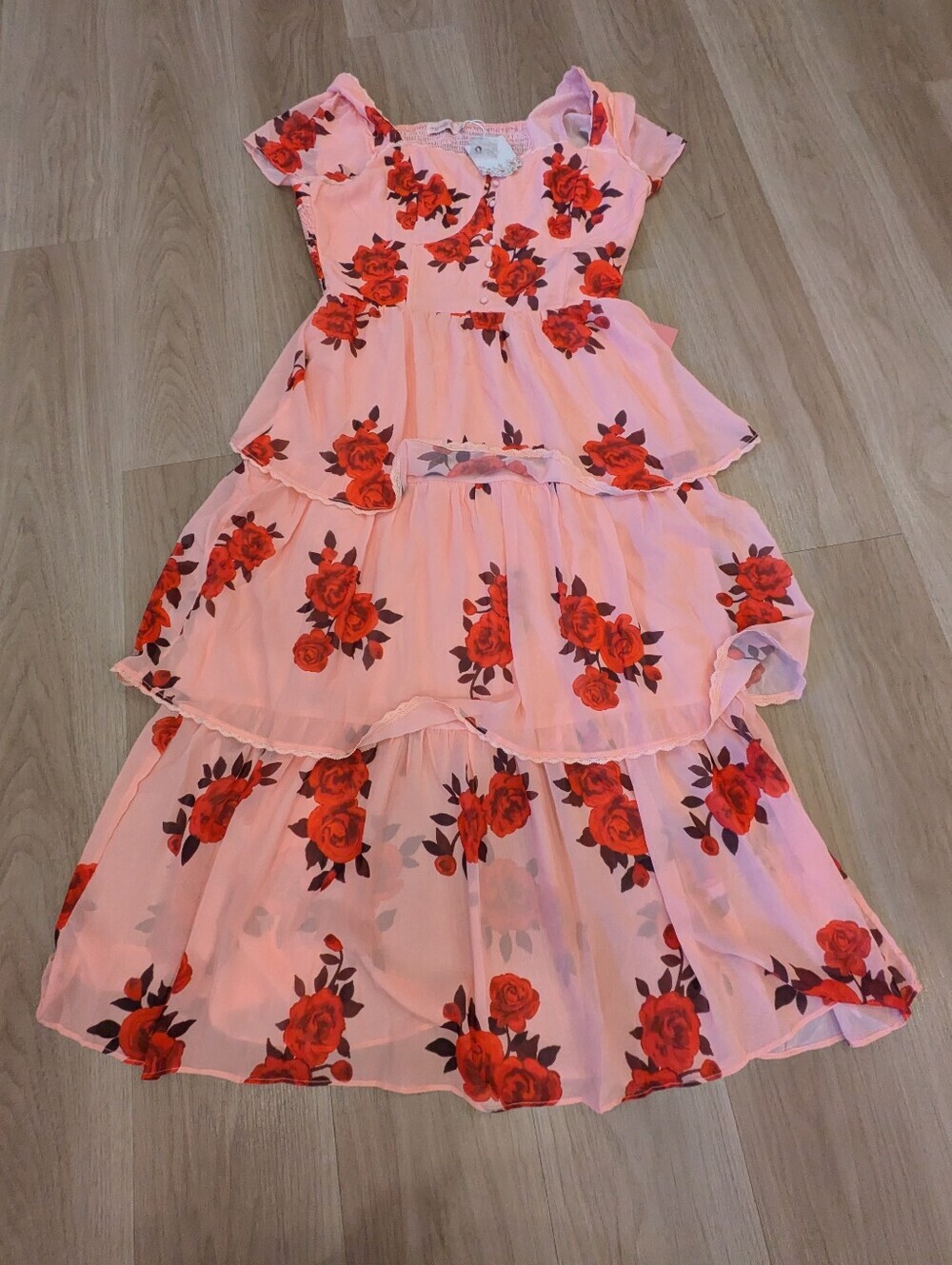 Ivy City Co Pink Tiered Midi Dress with Red Rose Print